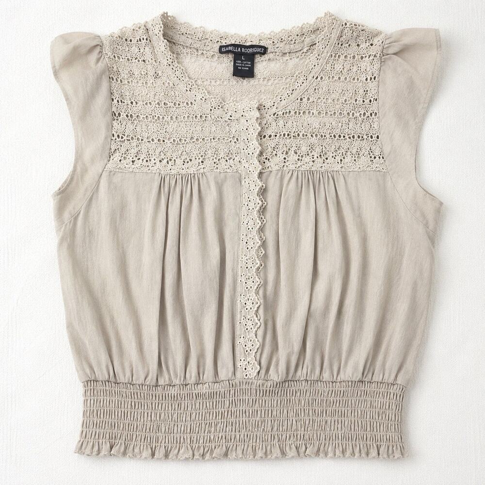 Women's Isabella Rodriguez Lace Trim Sleeveless Blouse Top Beige Cottagecore L